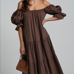 Brown tiered maxi dress with puff sleeves